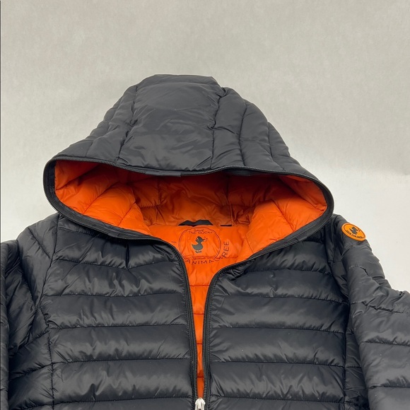 SAVE THE DUCK Black and Tangerine Hooded Puffer Jacket - Picture 2 of 10